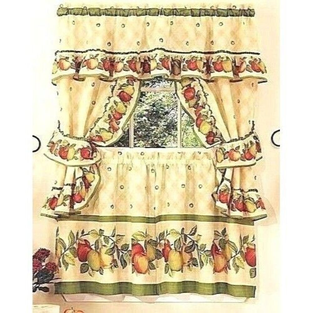 Cottage Apple Orchard Kitchen Window Curtain Tiers Swags Tie Backs 36 x57-in NEW